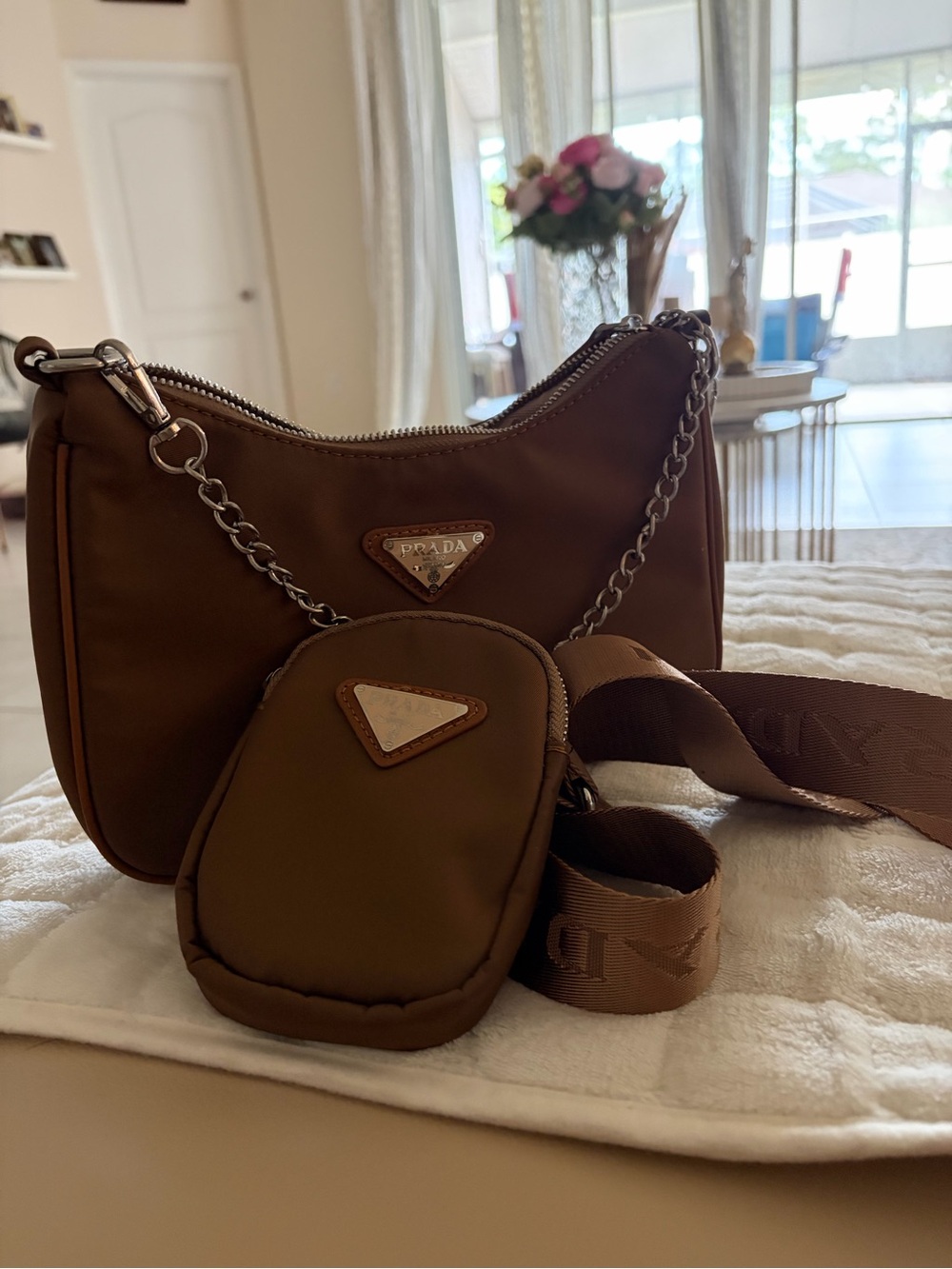 Prada Chocolate Brown Nylon Shoulder Bag with Detachable Pouch